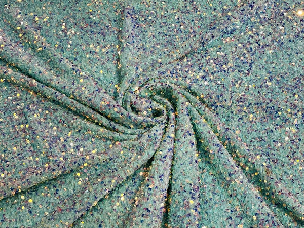 Velvet Stretch Sequins - Clear on Mint Velvet - Sequins 2 Way Stretch Velvet Fabric 58/60”