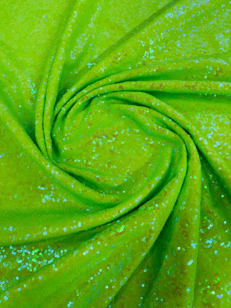 Mini Glitz Sequins - Iridescent Neon Green -  Stretch Shiny Sequins Mesh Fabric Sold By The Yard