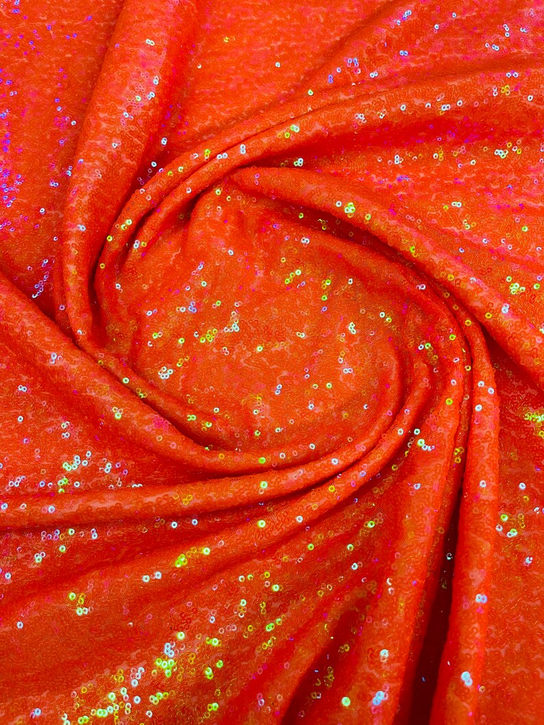 Mini Glitz Sequins - Iridescent Orange -  Stretch Shiny Sequins Mesh Fabric Sold By The Yard