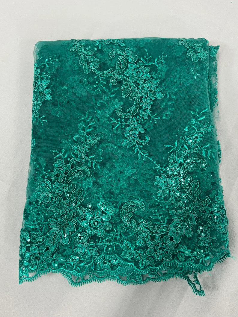 Floral Lace Fabric - Jade - Embroidered Flower Clusters with Sequins on a Mesh Lace By Yard
