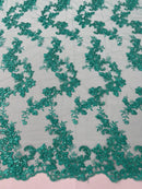 Floral Lace Fabric - Jade - Embroidered Flower Clusters with Sequins on a Mesh Lace By Yard