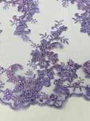 Floral Lace Fabric - Lavender - Embroidered Flower Clusters with Sequins on a Mesh Lace By Yard