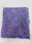Floral Lace Fabric - Lavender - Embroidered Flower Clusters with Sequins on a Mesh Lace By Yard