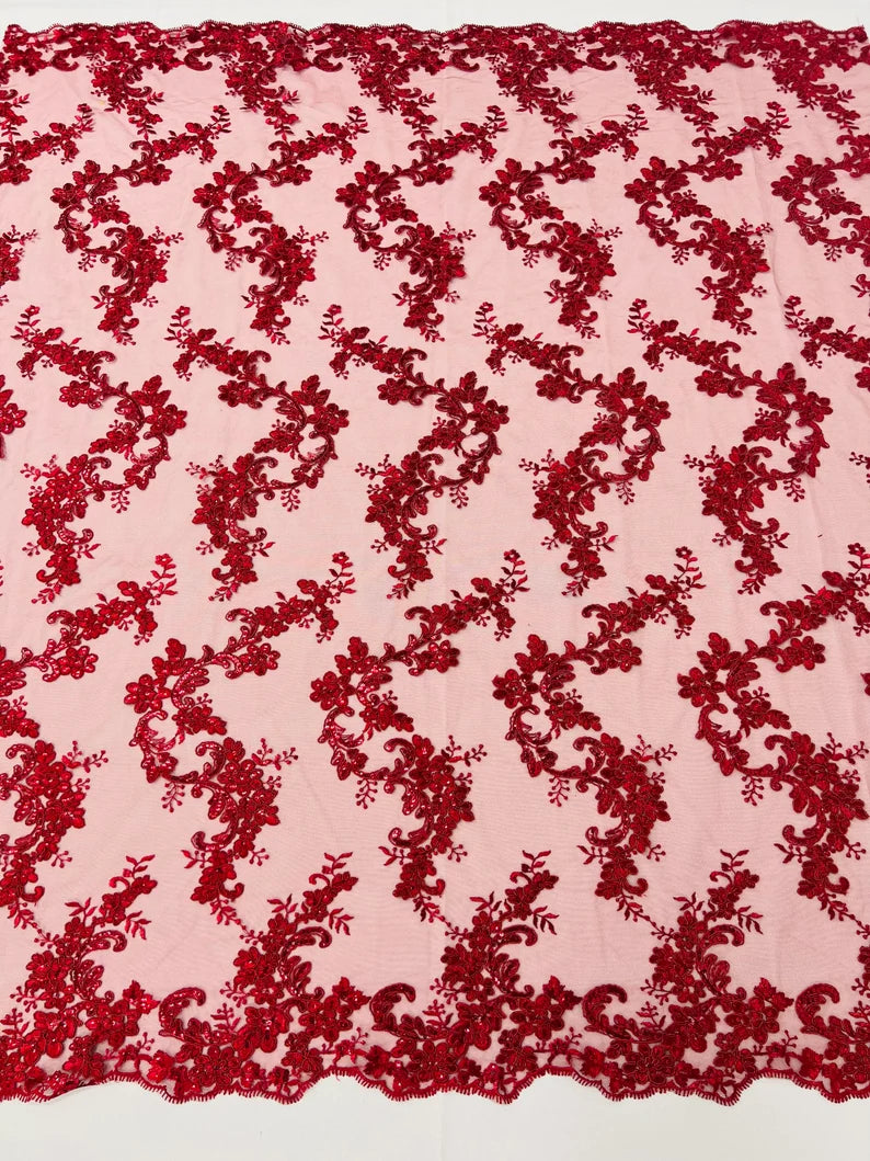Floral Lace Fabric - Flowers Embroidery Sequins Mesh Design Fabric - 25 Yard Roll