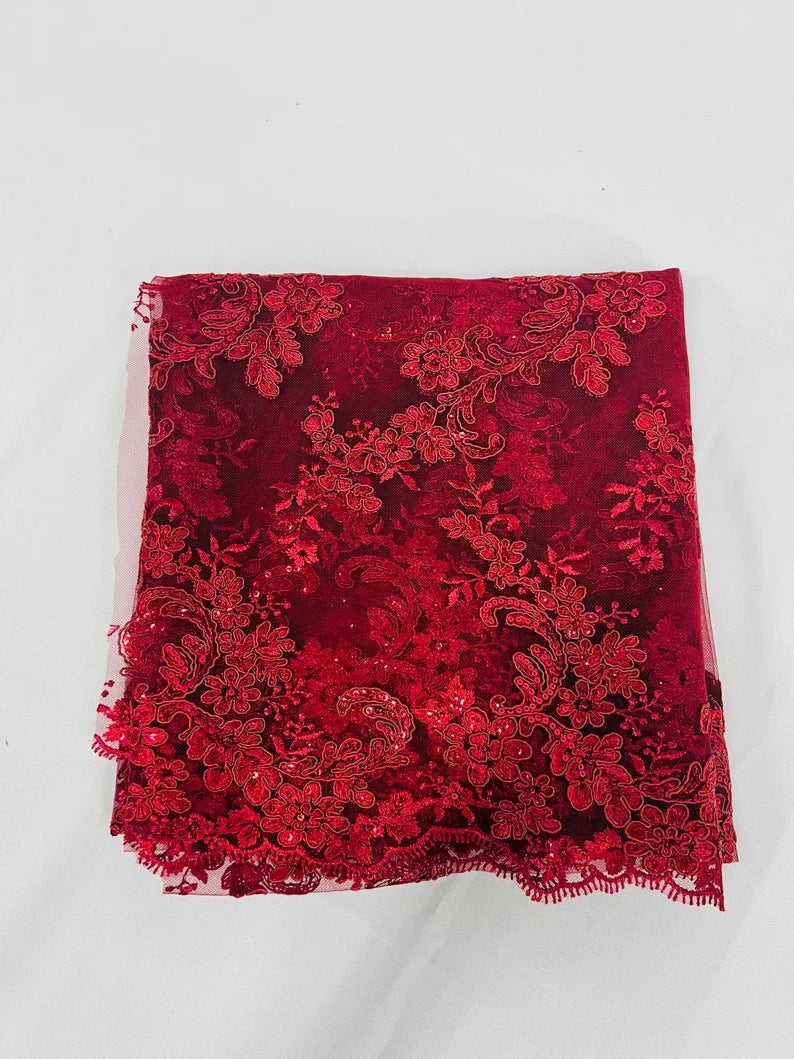 Floral Lace Fabric - Burgundy - Embroidered Flower Clusters with Sequins on a Mesh Lace By Yard