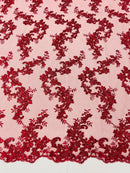 Floral Lace Fabric - Burgundy - Embroidered Flower Clusters with Sequins on a Mesh Lace By Yard