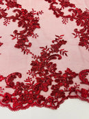 Floral Lace Fabric - Burgundy - Embroidered Flower Clusters with Sequins on a Mesh Lace By Yard
