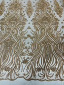 Luxury Bead Design - Rose Gold - Floral Fabric Embroidered w/ Pearls-Beads on Mesh Lace By Yard