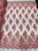 Floral Cluster Bead Fabric - Dusty Rose - Sold By The Yard - Embroidered Flower Beaded Fabric