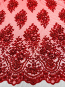 Floral Cluster Bead Fabric - Red - Sold By The Yard - Embroidered Flower Beaded Fabric
