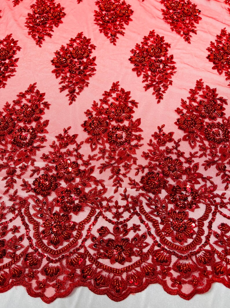Floral Cluster Bead Fabric - Red - Sold By The Yard - Embroidered Flower Beaded Fabric