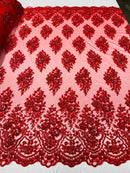 Floral Cluster Bead Fabric - Red - Sold By The Yard - Embroidered Flower Beaded Fabric