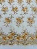 Flower Lace Fabric - Champagne - Embroidered Flower With Sequins on a Mesh Lace Fabric By Yard