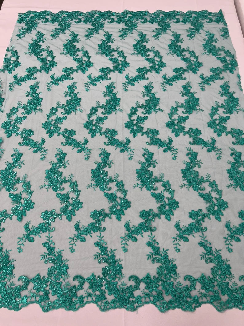 Floral Lace Fabric - Jade - Embroidered Flower Clusters with Sequins on a Mesh Lace By Yard