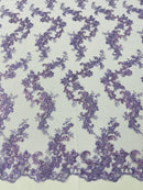 Floral Lace Fabric - Lavender - Embroidered Flower Clusters with Sequins on a Mesh Lace By Yard