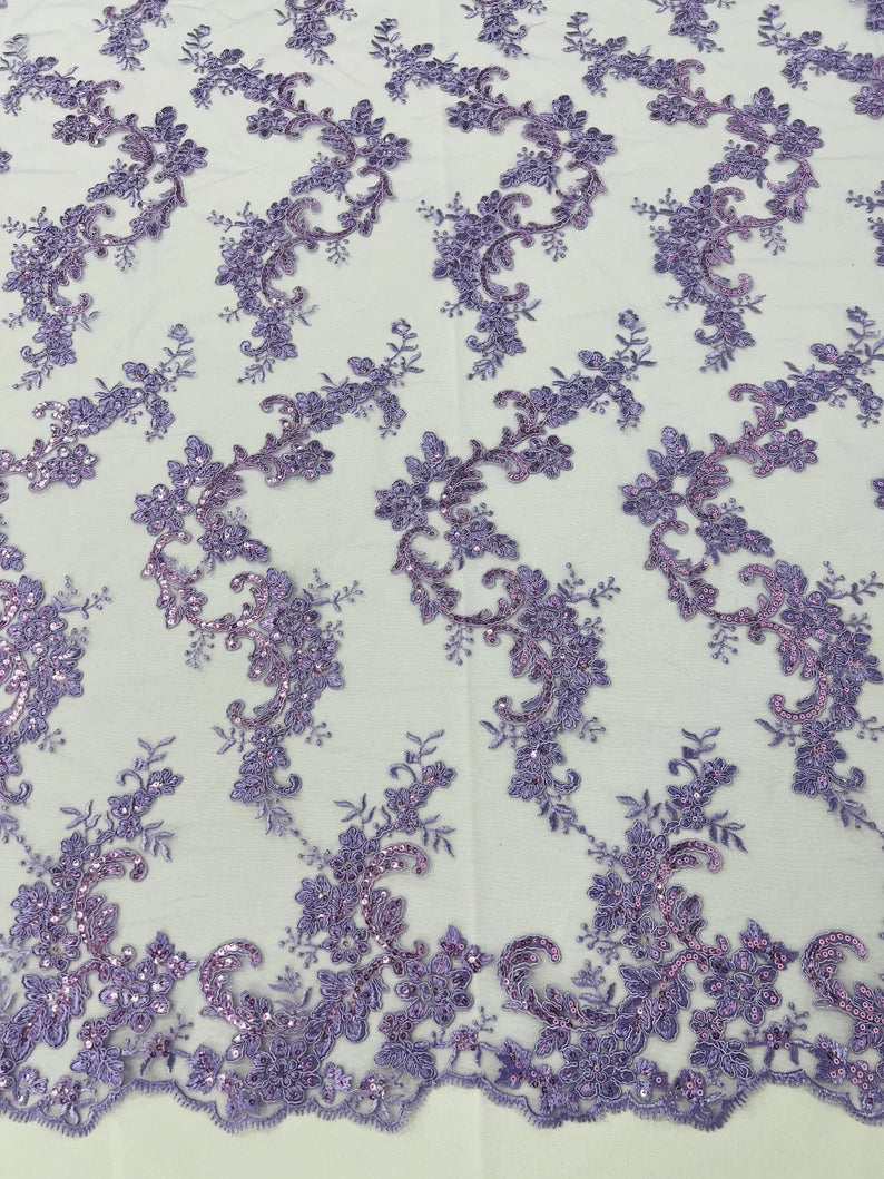 Floral Lace Fabric - Lavender - Embroidered Flower Clusters with Sequins on a Mesh Lace By Yard
