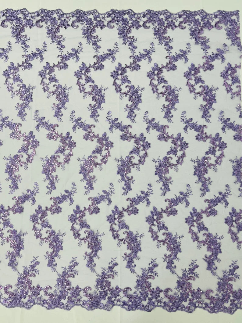 Floral Lace Fabric - Lavender - Embroidered Flower Clusters with Sequins on a Mesh Lace By Yard