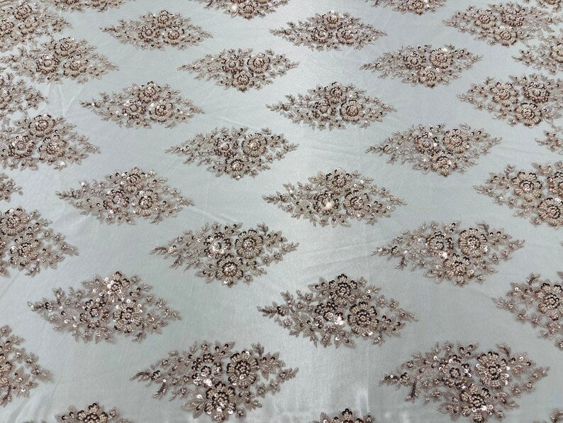 Floral Cluster Bead Fabric - Blush - Sold By The Yard - Embroidered Flower Beaded Fabric