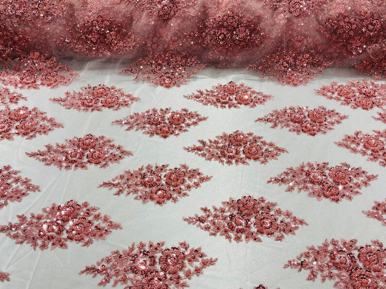 Floral Cluster Bead Fabric - Dusty Rose - Sold By The Yard - Embroidered Flower Beaded Fabric