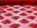Floral Cluster Bead Fabric - Red - Sold By The Yard - Embroidered Flower Beaded Fabric