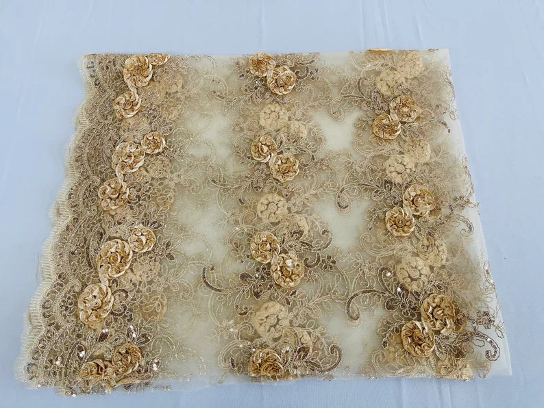 Flower Lace Fabric - Champagne - Embroidered Flower With Sequins on a Mesh Lace Fabric By Yard