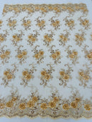 Flower Lace Fabric - Champagne - Embroidered Flower With Sequins on a Mesh Lace Fabric By Yard