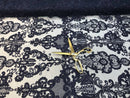 Floral - Navy Blue - Embroided Lace Fabric Damask Pattern - Beautiful Fabrics Sold by The Yard