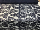 Floral - Navy Blue - Embroided Lace Fabric Damask Pattern - Beautiful Fabrics Sold by The Yard