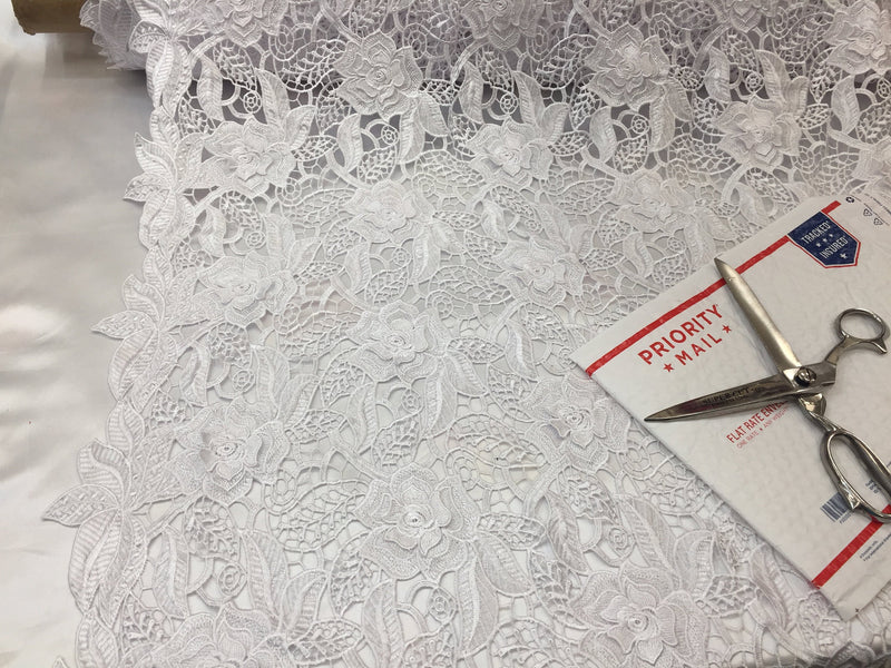 Guipure Lace Fabric - White - Embroidered Bridal Wedding Dress Design Fabrics Sold By The Yard