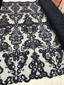 Floral - Navy Blue - Embroided Lace Fabric Damask Pattern - Beautiful Fabrics Sold by The Yard