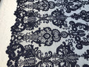 Floral - Navy Blue - Embroided Lace Fabric Damask Pattern - Beautiful Fabrics Sold by The Yard