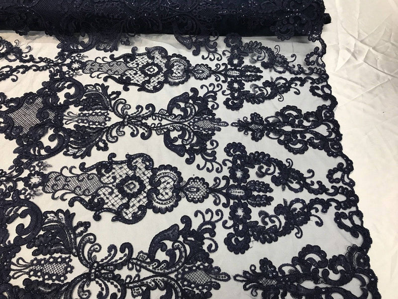 Floral - Navy Blue - Embroided Lace Fabric Damask Pattern - Beautiful Fabrics Sold by The Yard