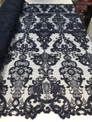 Floral - Navy Blue - Embroided Lace Fabric Damask Pattern - Beautiful Fabrics Sold by The Yard