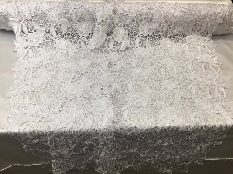 Guipure Lace Fabric - White - Embroidered Bridal Wedding Dress Design Fabrics Sold By The Yard