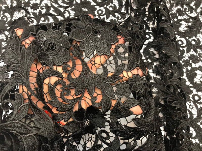 Guipure Lace Fabric Black - Embroidered Floral Bridal Lace Guipure Wed