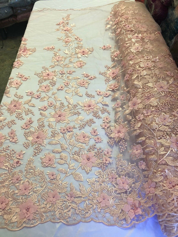 Flower 3D Fabric - Blush - Embroided Fabric Flower Pearls and Leaf Decor by Yard