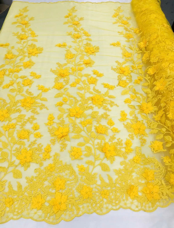 Flower 3D Fabric - Canary Yellow - Embroided Fabric Flower Pearls and Leaf Decor by Yard
