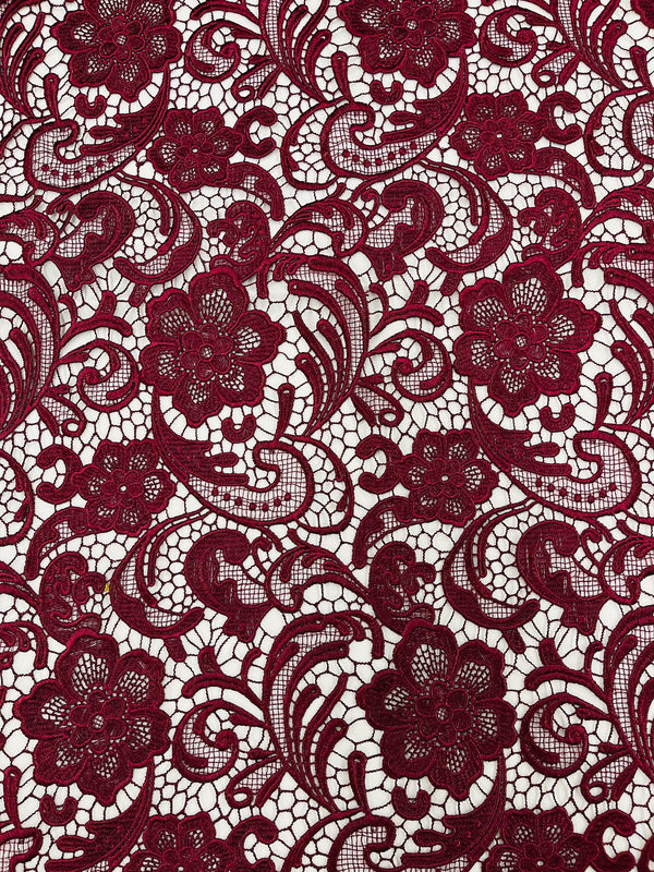 Guipure Lace Fabric - Burgundy - Floral Bridal Lace Guipure By Yard