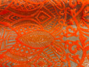 Orange Sequin Fabric - 4 Way Stretch Embroidered Royalty Sequins Design Fabric By Yard