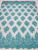 Floral Lace Fabric - Tiffany Blue - Flower Cluster Embroidery Design With Sequins on a Mesh
