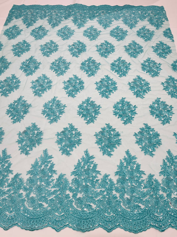 Floral Lace Fabric - Tiffany Blue - Flower Cluster Embroidery Design With Sequins on a Mesh