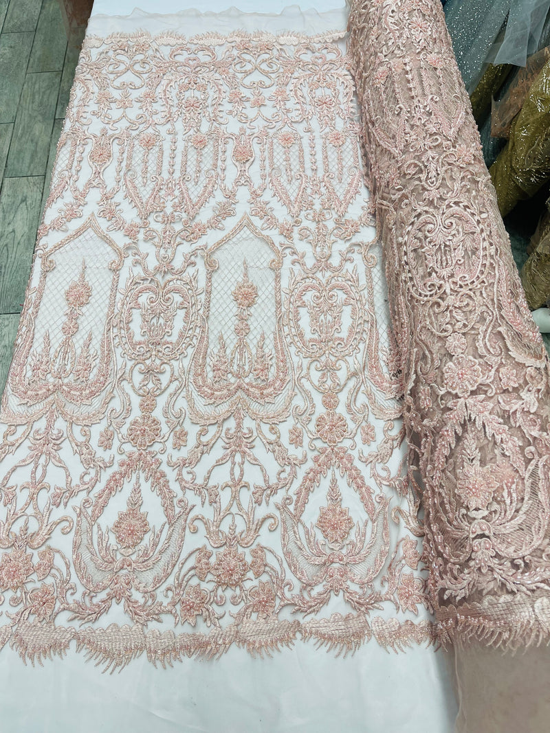 Blush Peach Beaded Damask Fabric - by the yard - Embroidered with Beads and Sequins on Mesh Fabric