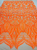 Orange Sequin - 4 Way Stretch Embroidered Royalty Sequins Design Fabric By Yard