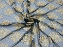 Floral Lace Fabric - Gold on Black Mesh - Flower Cluster Embroidery Design With Sequins on a Mesh
