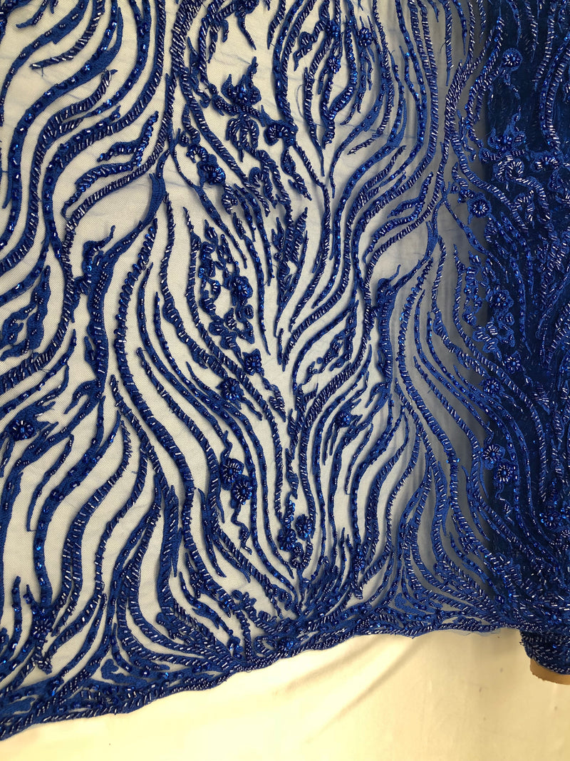 Beaded Lace Fabric - Royal Blue -  Embroidery on Mesh For Bridal Wedding Fancy Dress Sample