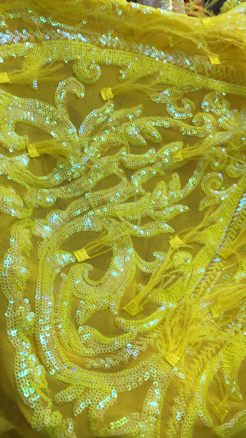 Yellow iridescent Luxury Feather Sequins - 4 Way Stretch Glamorous Fringe Feather Sequins Fabric