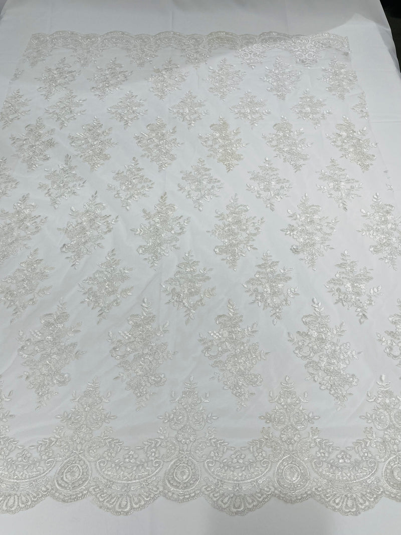 White Floral Lace Fabric - by the yard - Corded Flower Embroidery Design With Sequins on a Mesh