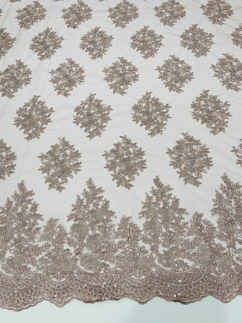 Floral Lace Fabric - Blush on Rose Mesh - Flower Cluster Embroidery Design With Sequins on a Mesh