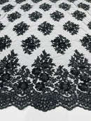 Floral Lace Fabric - Black - Flower Cluster Embroidery Design With Sequins on a Mesh