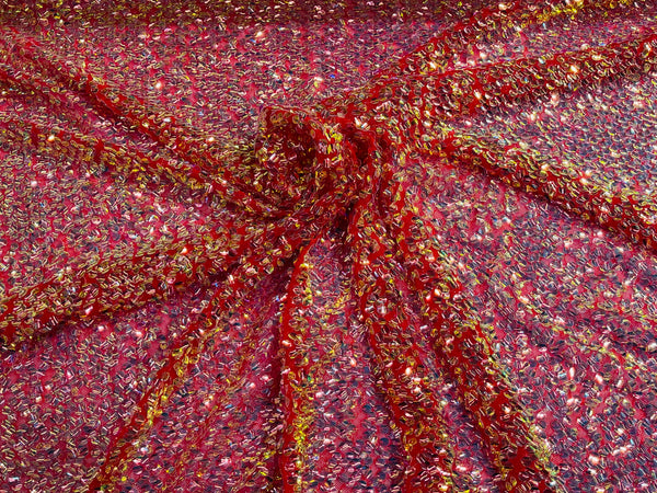 New Iridescent Clear Sequin Fabric Embroidery On Red Power Mesh 4Way Stretch Sequins By The Yard